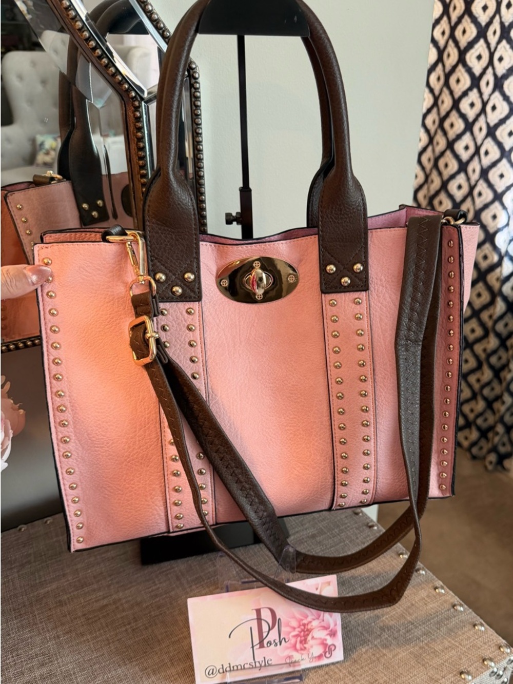NWOT 3Fer Pretty Pink Studded Vegan Leather Tote Crossbody Handbag Brown Handles